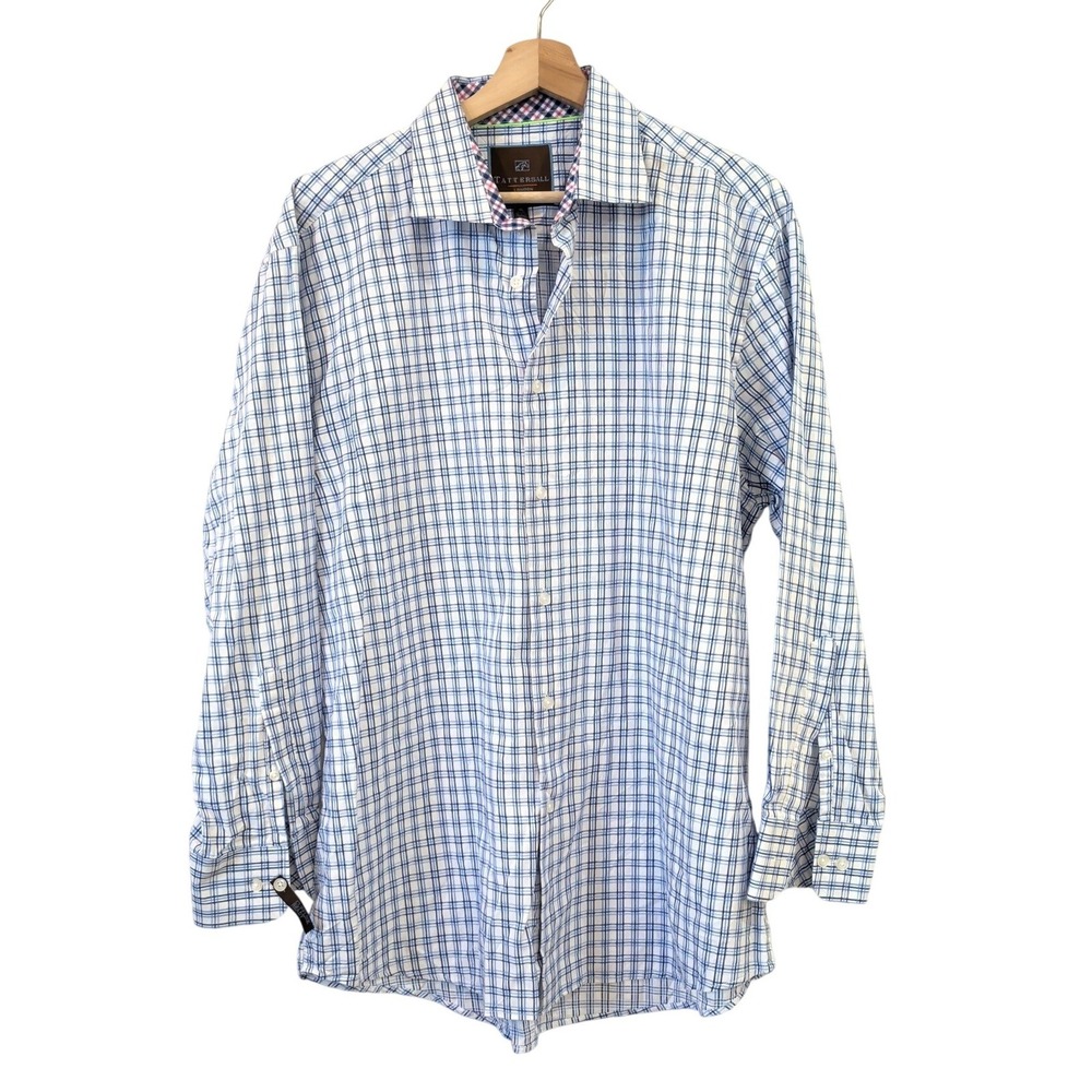 Tattersall London Mens XL Blue White Plaid Cotton Button Down Dress Shirt Career